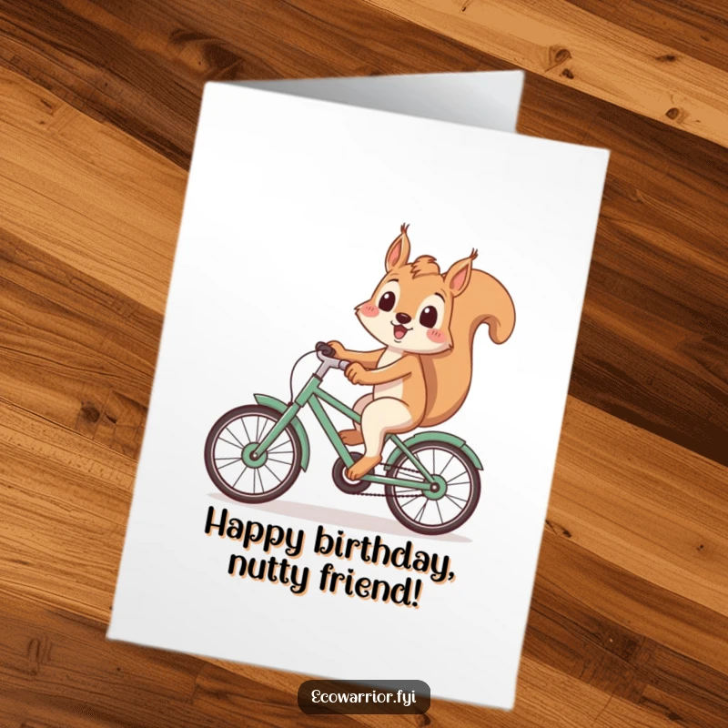 Funny Free Printable Birthday Card: Playful squirrel with a smile, riding a bicycle made of recycled materials.