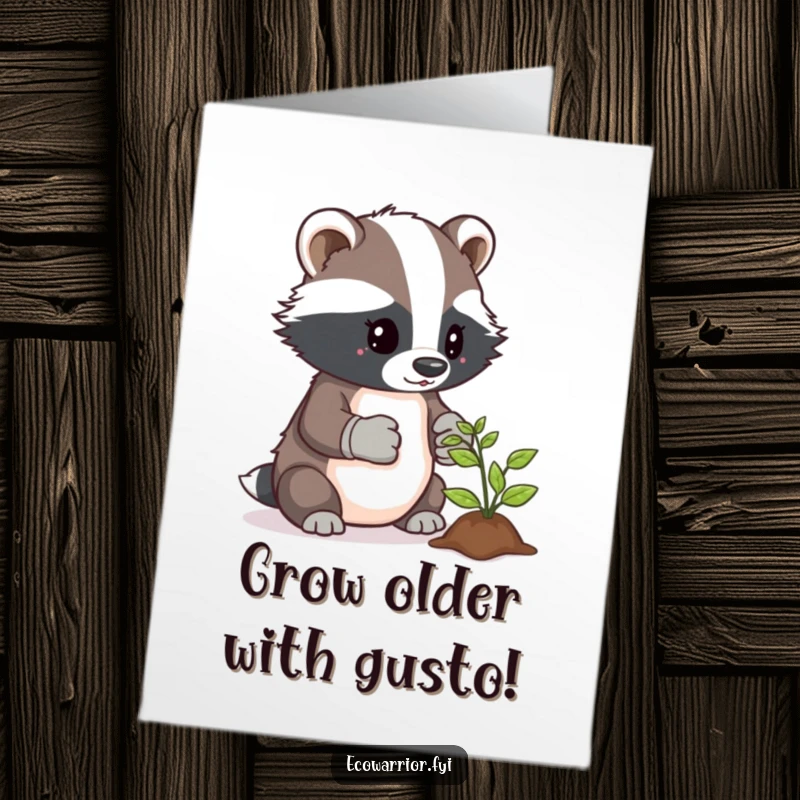 Funny Free Printable Birthday Card: Determined badger in gloves tends a sprout. A downloadable gift for gardeners.