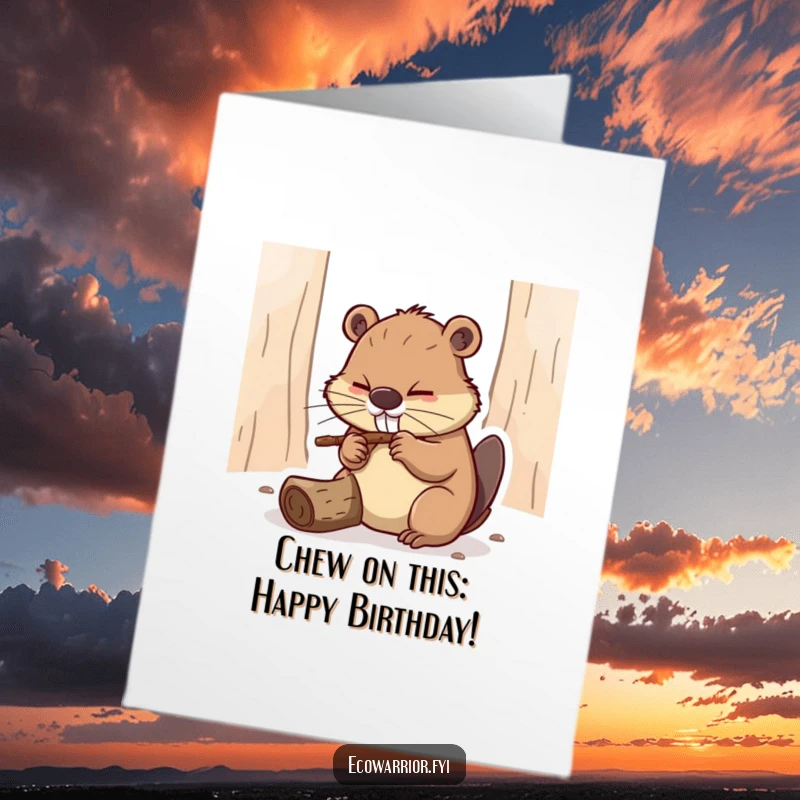 Funny Free Printable Birthday Card: Determined beaver focused on gnawing a twig, ready to build birthday wishes.