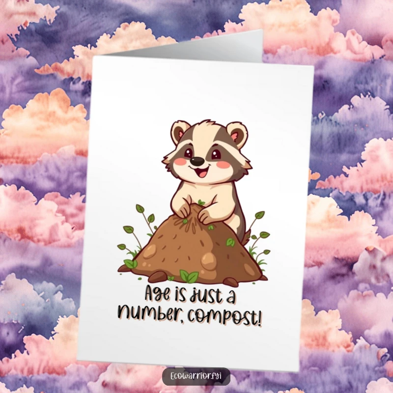 Funny Free Printable Birthday Card: Energetic Badger happily building a compost pile, ready to send birthday wishes.
