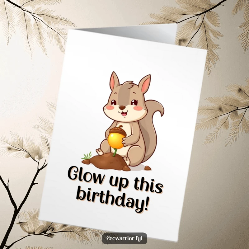 Funny Free Printable Birthday Card A cheerful squirrel smiles while planting a tiny glowing acorn for a birthday wish.