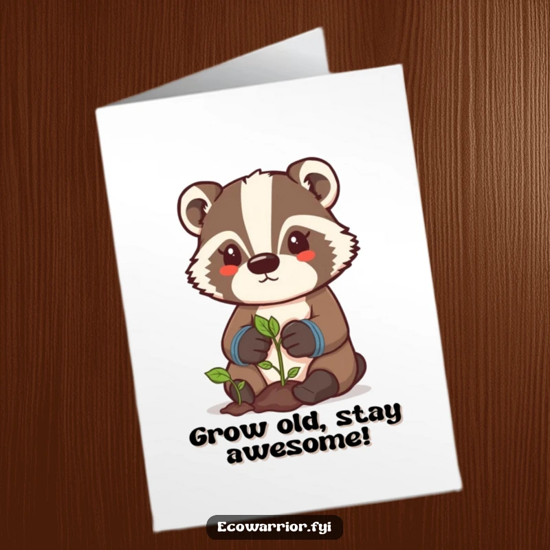 Funny Free Printable Birthday Card: A determined badger in gardening gloves lovingly tends to a tiny sprout, symbolizing growth and celebration.