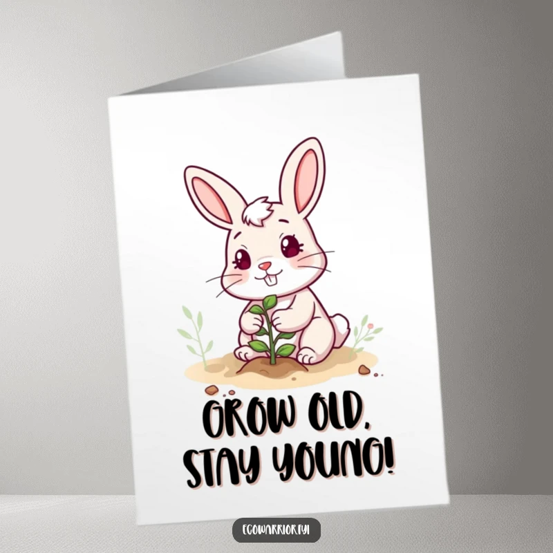Funny Free Printable Birthday Card: Cheerful rabbit planting a sapling, ready to grow some birthday cheer. A cute downloadable gift.