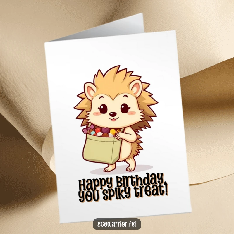 Funny Free Printable Birthday Card of a determined hedgehog carrying a reusable shopping bag overflowing with delicious treats.