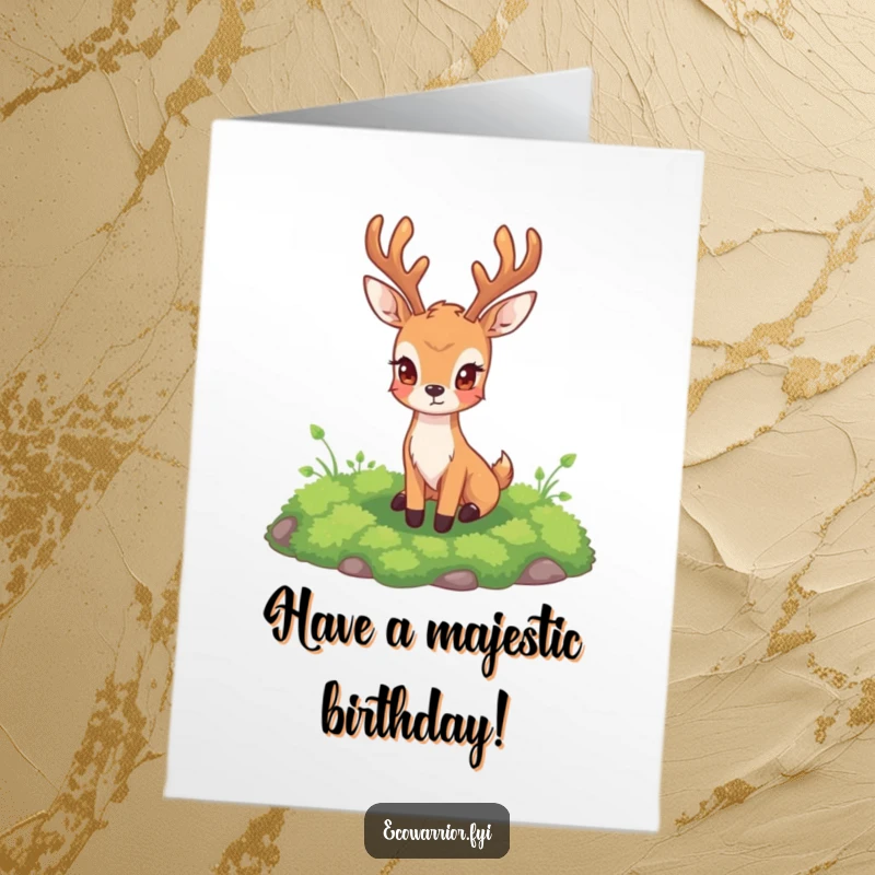 Elegant Free Printable Birthday Card: A calm deer standing watch over a vibrant patch of moss, symbolizing peace.