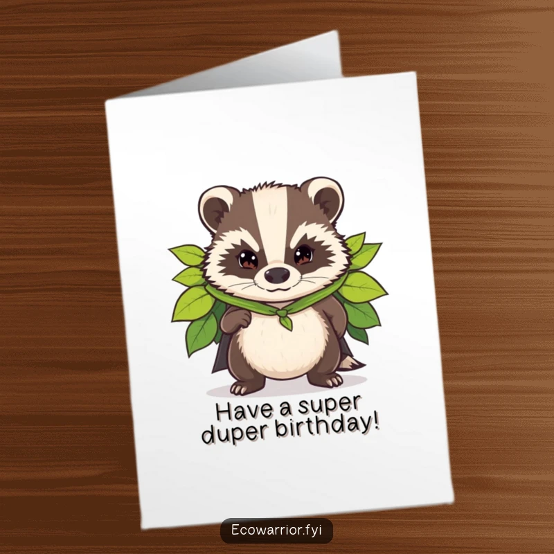 Funny Free Printable Superhero Badger Birthday Card: A determined badger in a leaf cape, ready to save the party, downloadable gift.