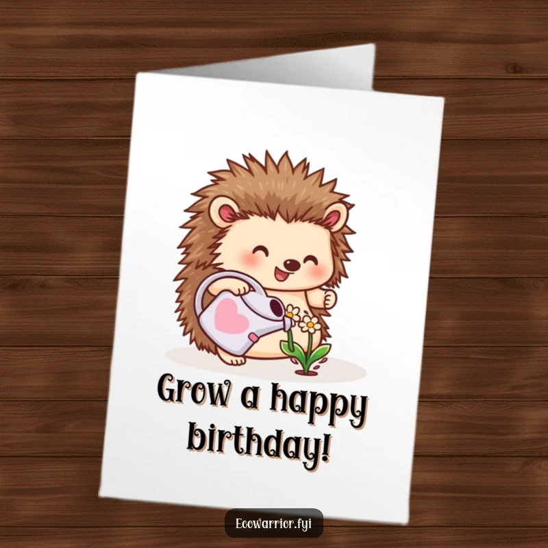 Funny Free Printable Hedgehog Birthday Card: A cheerful hedgehog watering a tiny flower, spreading birthday joy, downloadable gift.