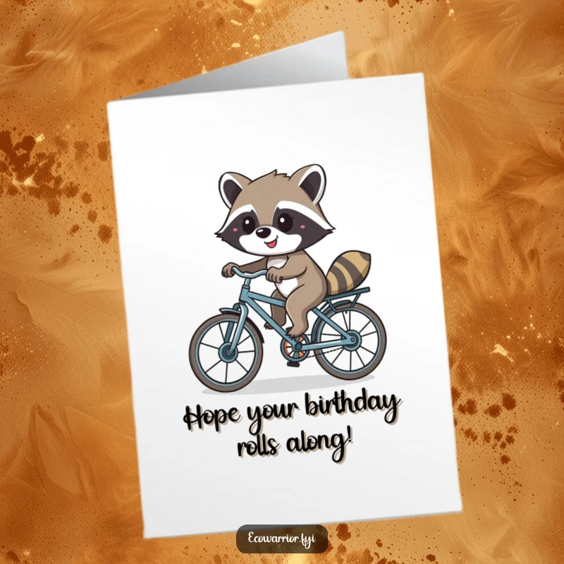 Funny Free Printable Raccoon Birthday Card: A smiling raccoon pedaling a recycled bike, perfect for a unique downloadable gift.