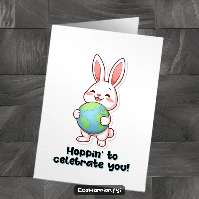 Funny Free Printable Rabbit Birthday Card: joyful rabbit holds a globe, pointing to a green landmass.