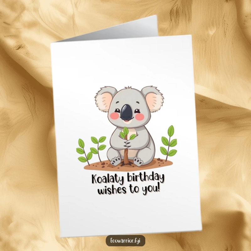 Funny Free Printable Birthday Card: Cheerful koala carefully planting a small green tree, symbolizing growth and new beginnings.