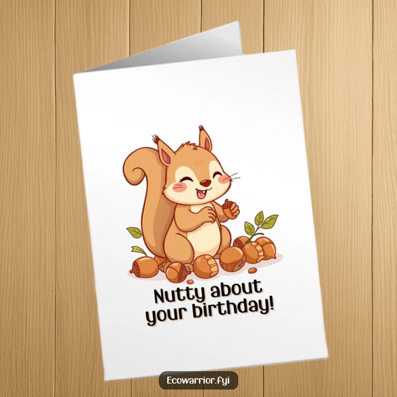 Funny Free Printable Birthday Card: A cheerful squirrel rapidly gathering acorns with intense focus and determination.