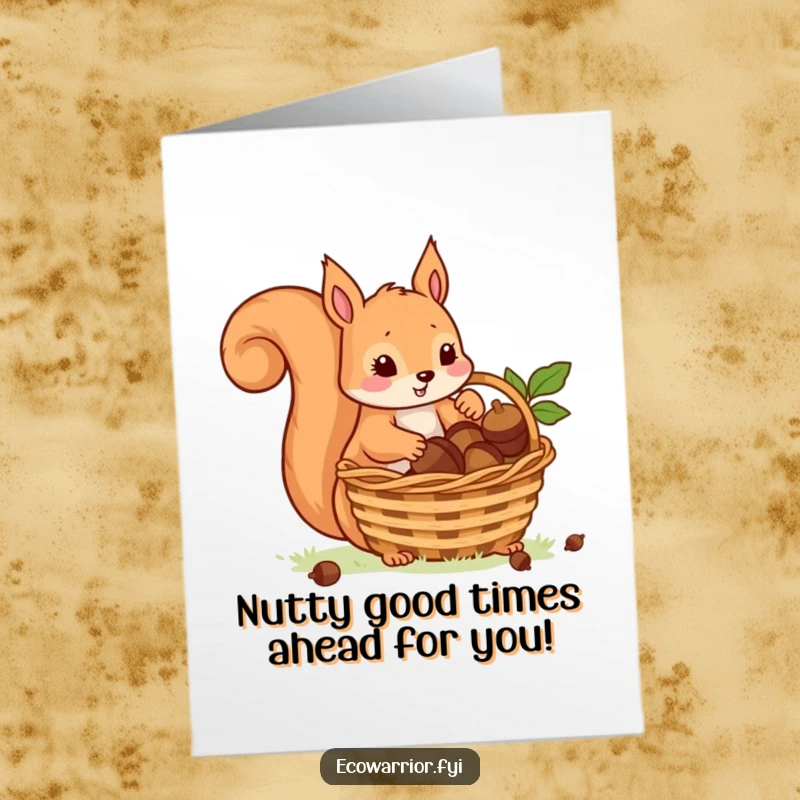 Funny Free Printable Birthday Card: A playful squirrel carefully gathers acorns into a basket for birthday wishes.