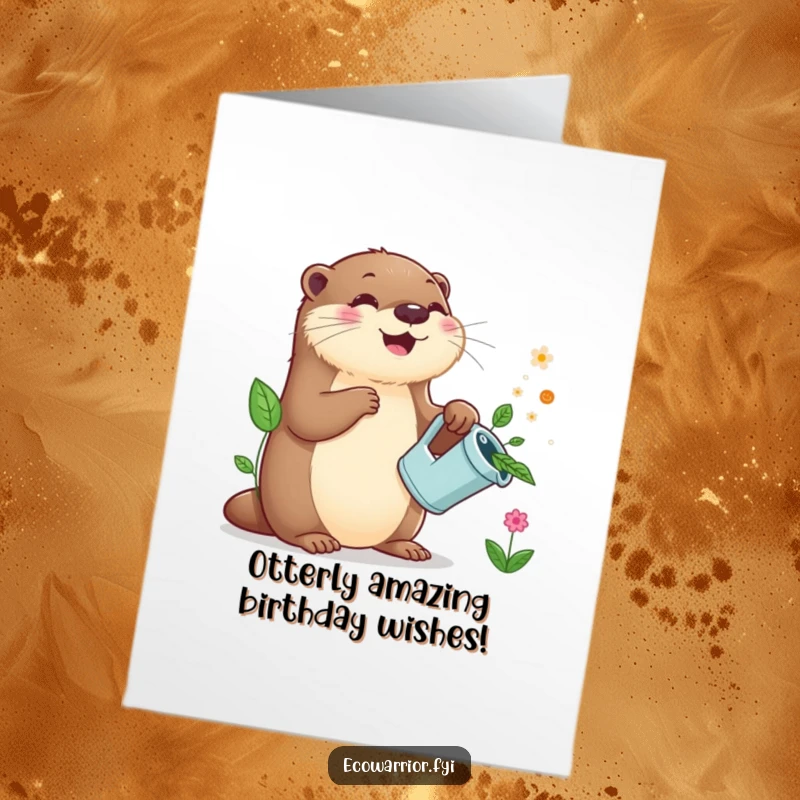 Funny Free Printable Birthday Card: A joyful otter happily waters plants with a leaf watering can, spreading birthday cheer.