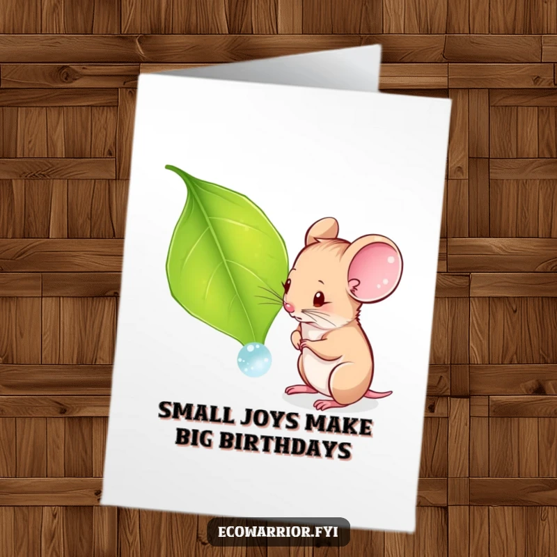 Funny Free Printable Birthday Card: A curious mouse examines a glistening dewdrop on a large green leaf.