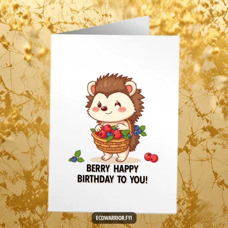 Charming Free Printable Birthday Card: Kind hedgehog carrying a basket overflowing with ripe berries, sharing birthday joy.