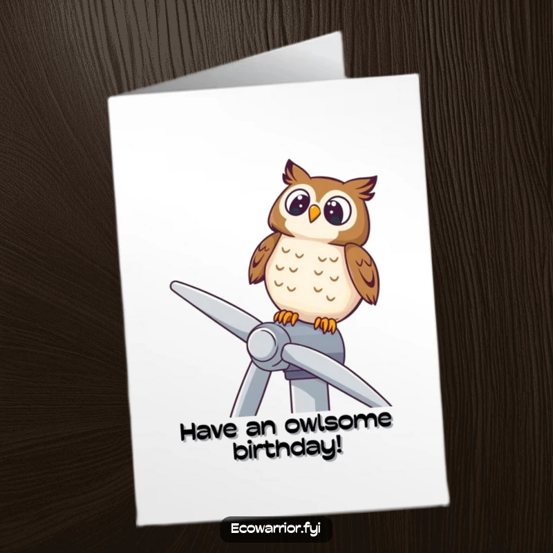 Funny Free Printable Owl Birthday Card: A delighted owl on a wind turbine, looking up, sending birthday wishes, downloadable gift.