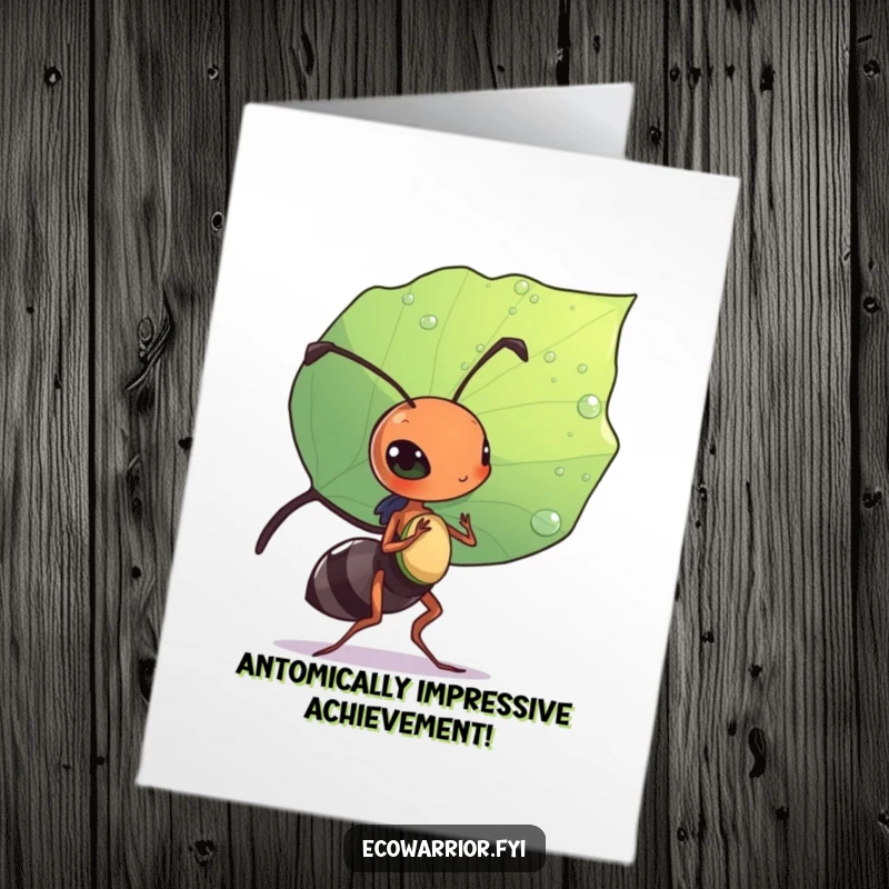Funny Free Printable Congratulations Card: Diligent ant carrying a large, dewdrop-stained leaf like a shield, symbolizing victory.