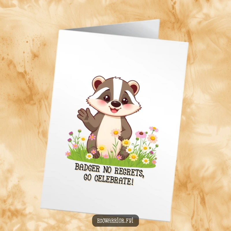 Funny Free Printable Congratulations Card: Friendly badger gesturing to wildflowers, celebrating a successful milestone with warmth.