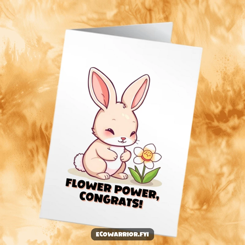 Cute Free Printable Congratulations Card featuring a curious rabbit and a beautiful flower, celebrating new beginnings.