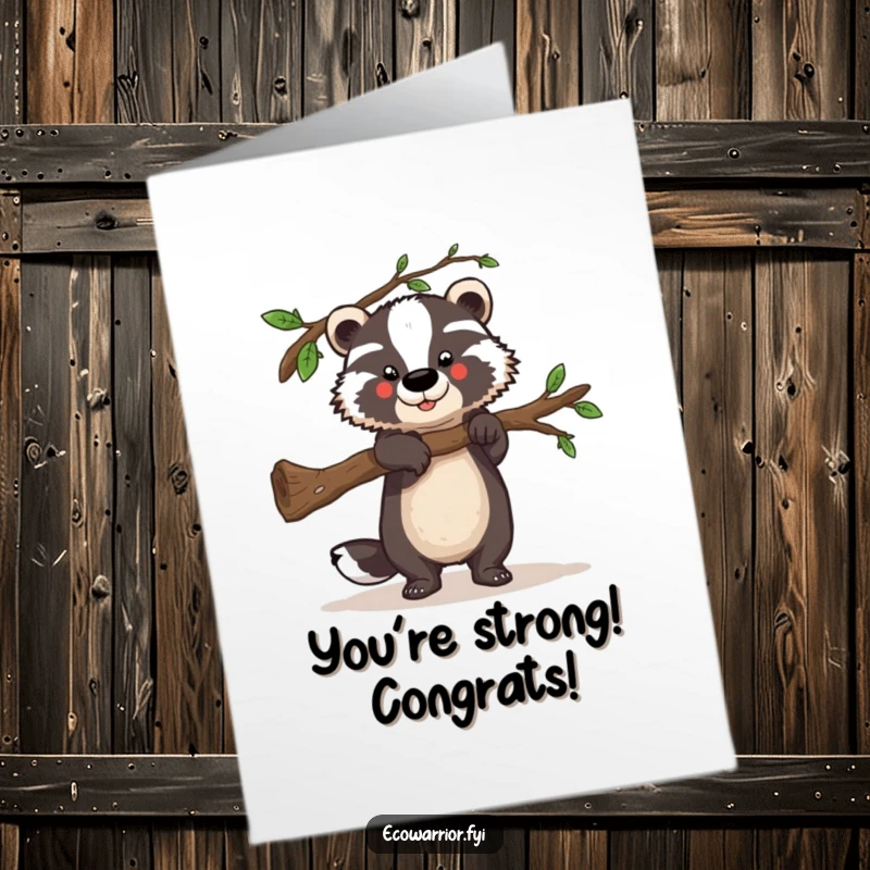 Funny free printable congratulations card with a strong badger lifting a fallen branch, celebrating achievements with downloadable strength.