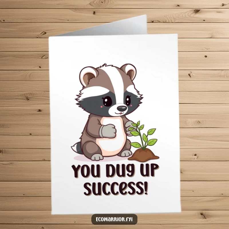 Funny Free Printable Congratulations Card: Determined badger gardener nurturing a tiny sprout. A downloadable gift.