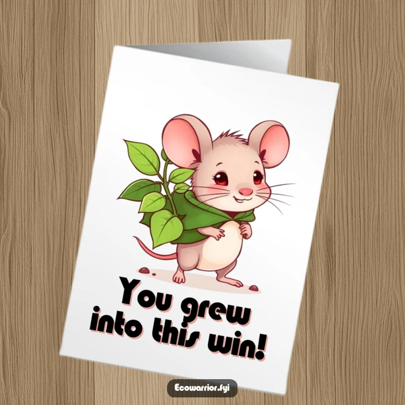 Funny Free Printable Congrats Card A determined mouse in a leaf cape carries a seedling for new growth.