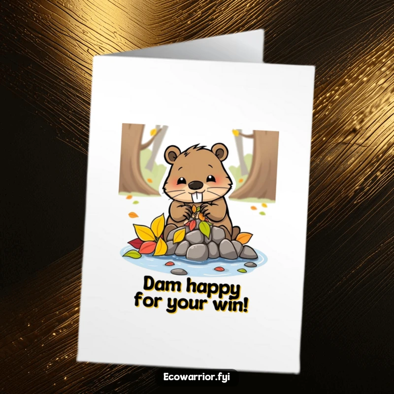 Funny Free Printable Congratulations Card: A determined beaver is busy building a tiny dam with colorful leaves, signifying accomplishment.