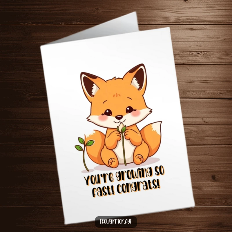 Funny Free Printable Congrats Card: A curious fox observing a sprouting seed, symbolizing new achievements and potential.