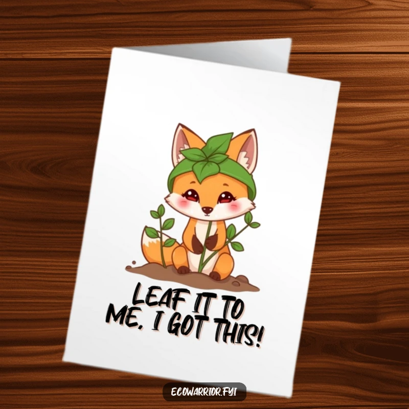 Funny Free Printable Congratulations Card: Determined fox in a leaf helmet planting a sapling, celebrating success and new beginnings.