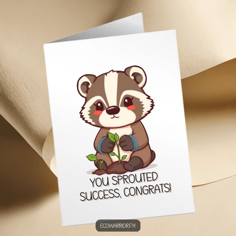 Funny Free Printable Congrats Card: A determined badger wearing gardening gloves carefully waters a small sprout, celebrating growth and achievements.