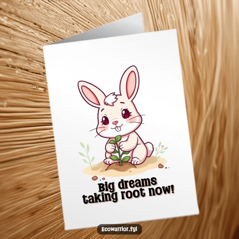 Funny Free Printable Congratulations Card: Happy rabbit planting a tiny sapling, symbolizing new growth and success. A downloadable gift.