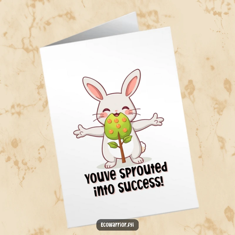 Funny Free Printable Congratulations Card: Joyful rabbit with arms wide embraces a vibrant sapling, celebrating new growth.
