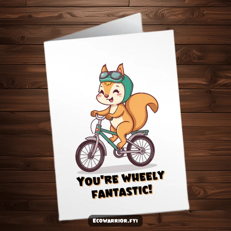 Funny Free Printable Congratulations Card: A squirrel riding a recycled bicycle with a smile, celebrating eco-friendly achievements.