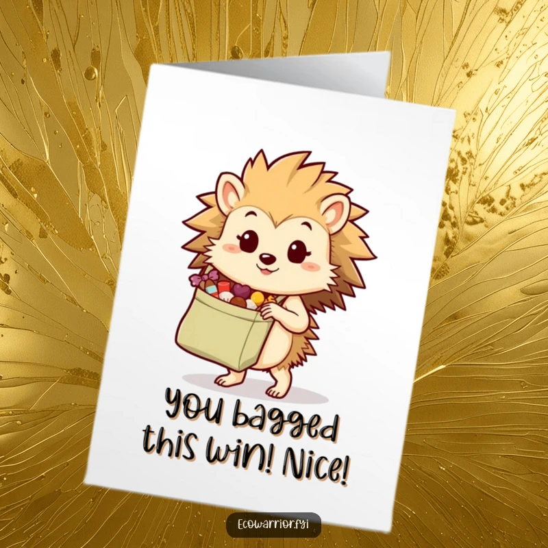 Funny Free Printable Congratulations Card depicting a determined hedgehog carrying a reusable bag filled with treats, symbolizing earned rewards.