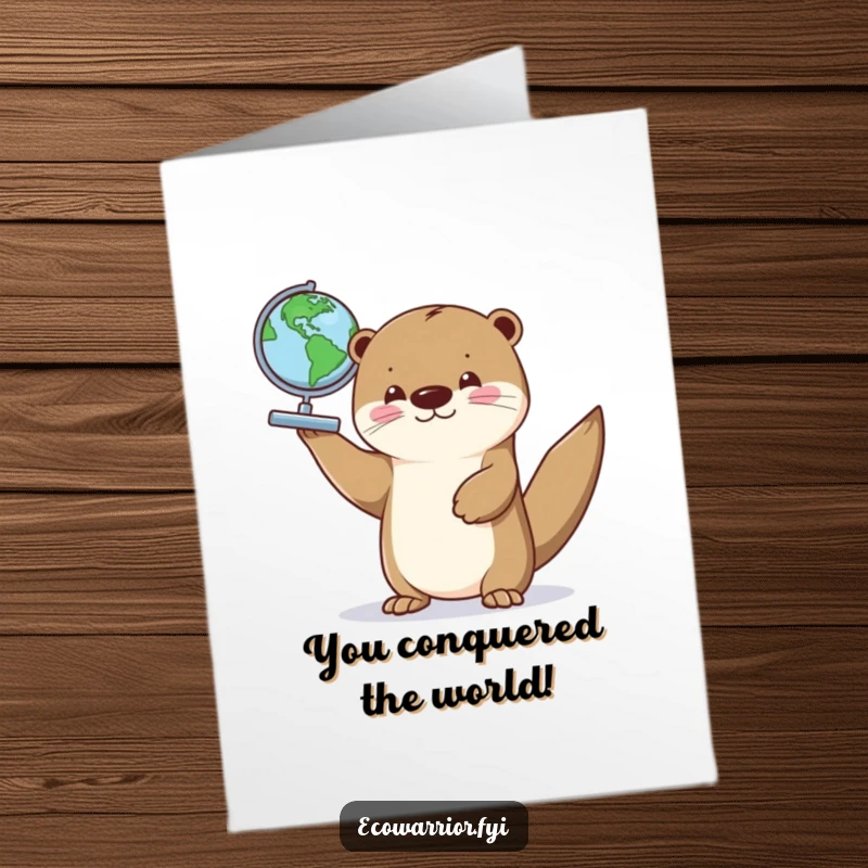 Funny Free Printable Congratulations Card: Proud otter displays a small globe, signifying a grand accomplishment.
