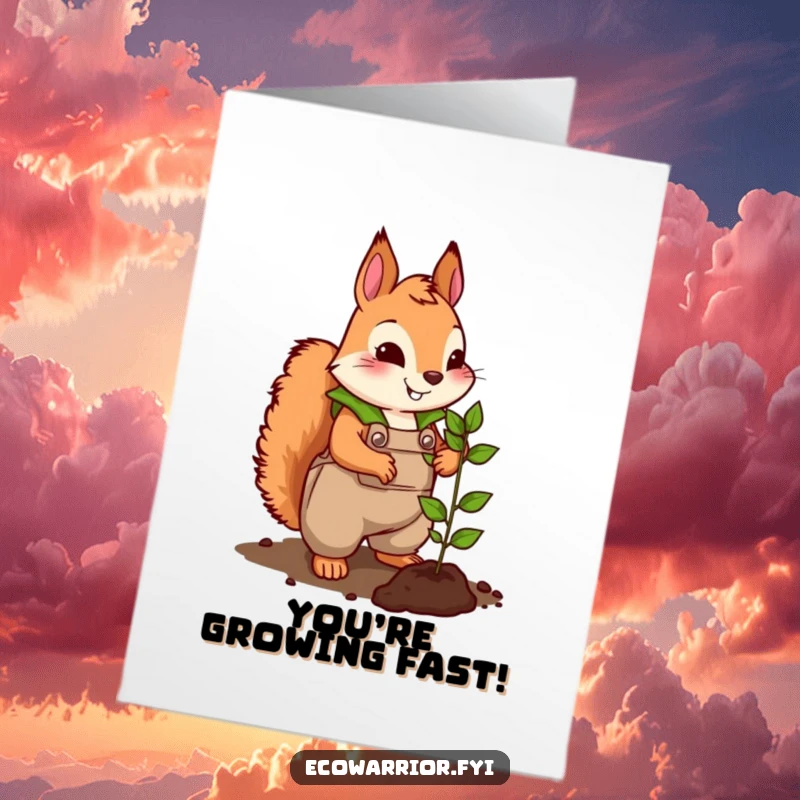 Funny Free Printable Squirrel Congratulations Card: A squirrel in leafy overalls energetically plants a seedling, celebrating your success. Downloadable art.