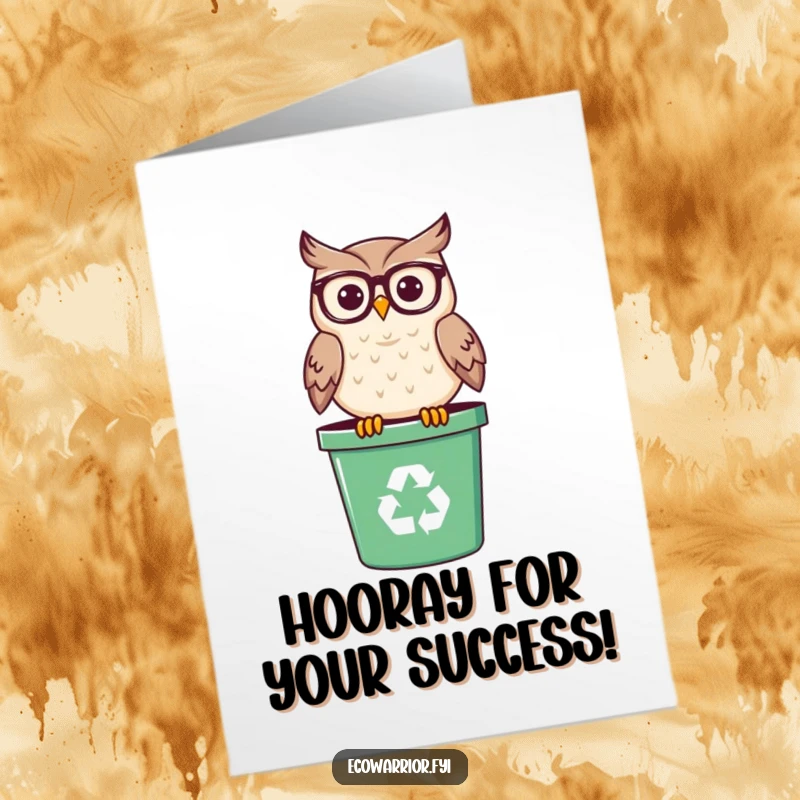 Funny Free Printable Congratulations Card: A wise owl with spectacles perched on a recycling bin offers congratulations.