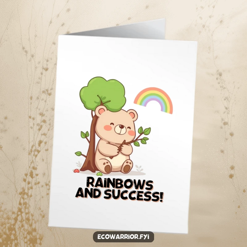 Funny free printable congratulations card of a happy bear holding a sapling and smiling at a vibrant rainbow.