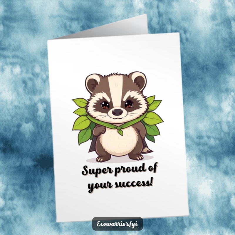 Funny Free Printable Superhero Badger Congratulations Card: A determined badger in a leaf cape, celebrating success, DIY downloadable gift.
