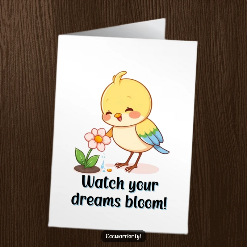Funny Free Printable Congratulations Card: Joyful bird watering a tiny blooming flower, symbolizing thriving success. A downloadable gift.