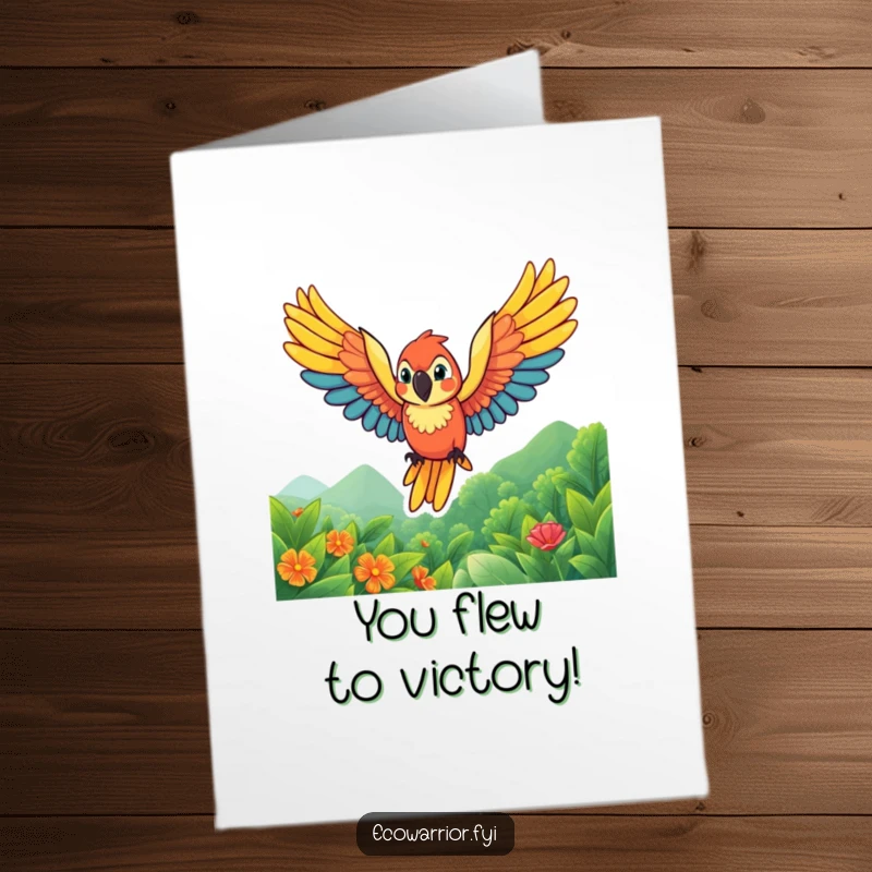 Funny Free Printable Congratulations Card: A vibrant parrot with wings spread wide flies high above a green landscape, celebrating.