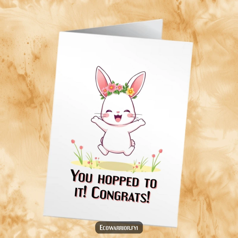Funny Free Printable Congrats Card: A rabbit wearing a flower crown, leaping with joy in a field, symbolizing achievement.
