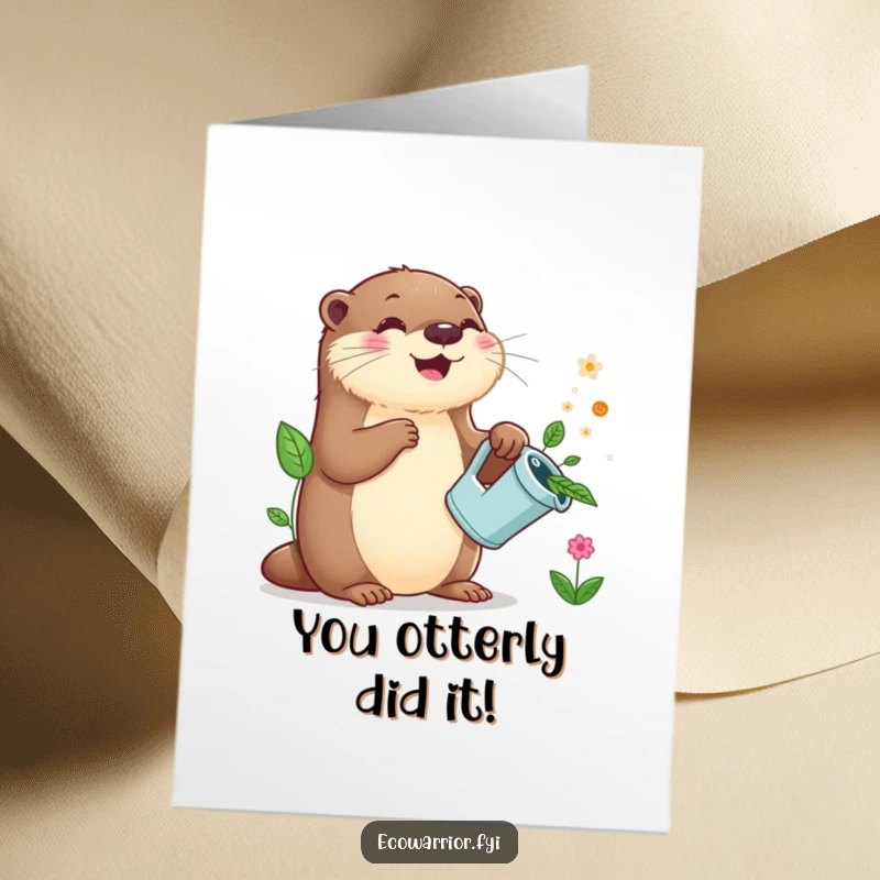 Funny Free Printable Congrats Card: A joyful otter waters plants with a leaf watering can, celebrating achievements with a smile.