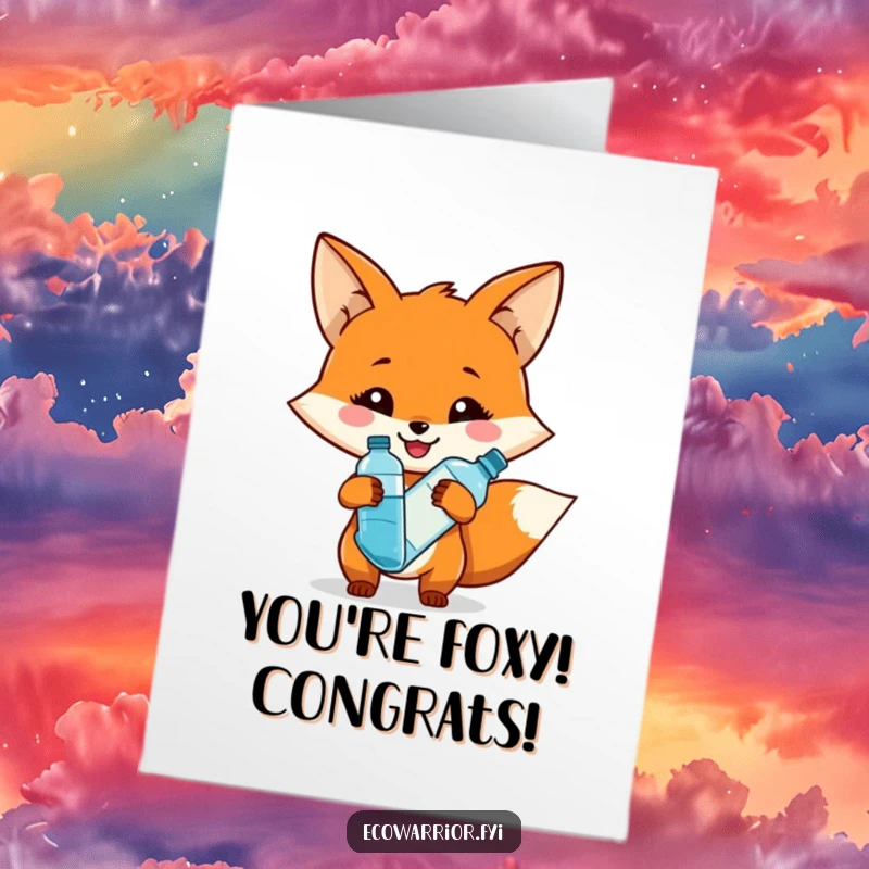 Funny free printable congratulations card with a smiling fox holding a reusable water bottle, a healthy and downloadable way to celebrate.