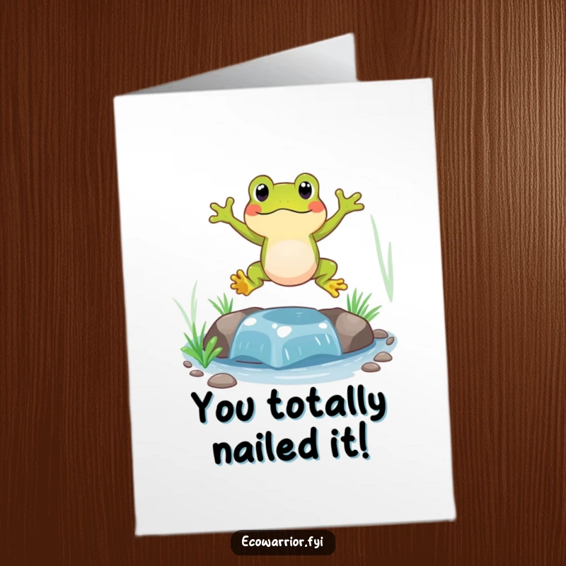 Funny Free Printable Congratulations Card: Energetic frog soaring over a stream, celebrating success with amphibian enthusiasm.