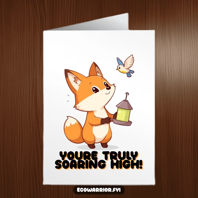 Funny Free Printable Congratulations Card: Curious fox marvels at a flying bird, symbolizing newfound success. A downloadable gift.