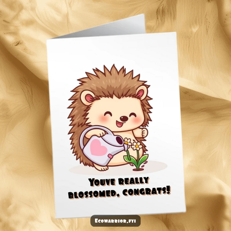 Funny Free Printable Hedgehog Congratulations Card: A cheerful hedgehog watering a flower, symbolizing growth, DIY downloadable gift.