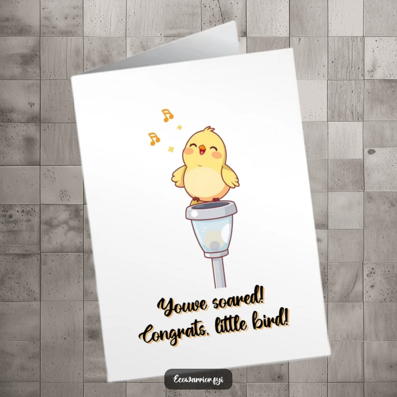 Funny Free Printable Bird Congratulations Card: A happy bird sings on a solar light, congratulating success with bright cheer.