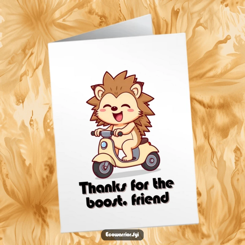 Funny Free Printable Hedgehog Thank You Card: cheerful hedgehog on a scooter sending thanks with a joyful breeze.