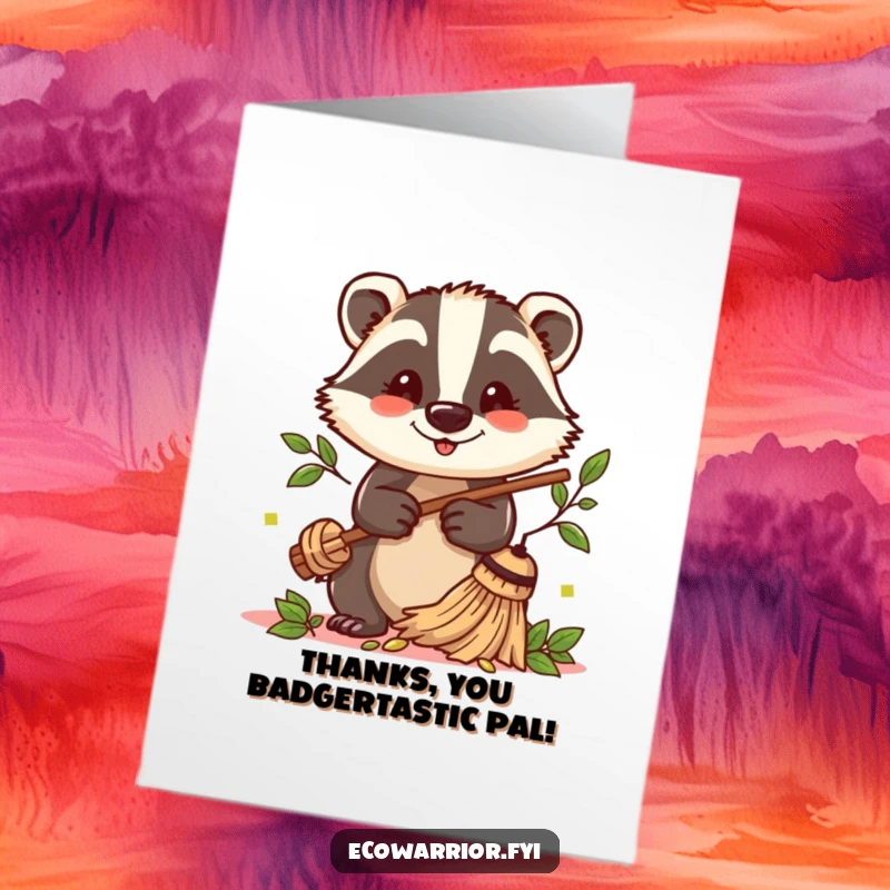 Funny Free Printable Thank You Card: A cheerful badger uses a twig broom to sweep leaves, expressing thanks.